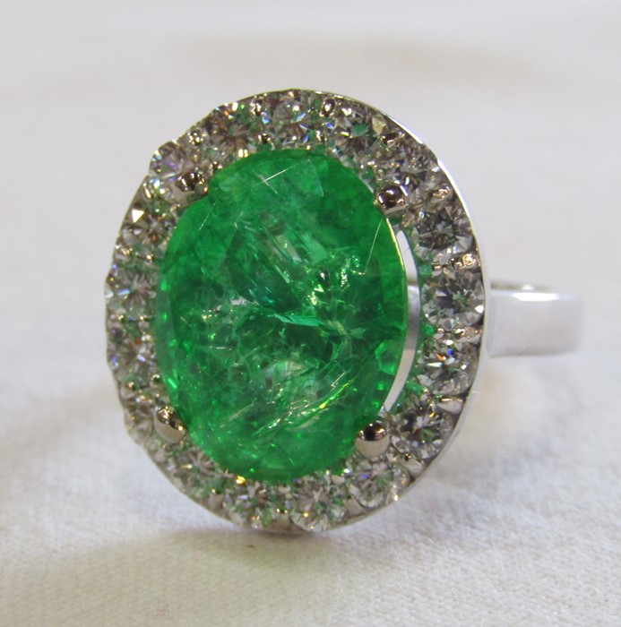 18ct gold emerald and diamond cluster ring, emerald 5.6 ct (11 mm x 13 mm) diamond total 1.00 ct, - Image 9 of 9