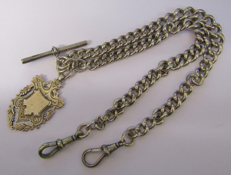 Silver double Albert watch chain and fob Birmingham 1906 and 1897 weight 2.11 ozt / 65.4 g