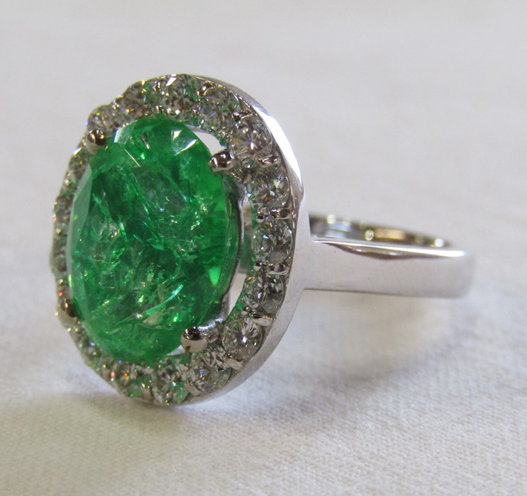 18ct gold emerald and diamond cluster ring, emerald 5.6 ct (11 mm x 13 mm) diamond total 1.00 ct, - Image 4 of 9