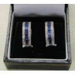 Pair of 18ct white gold diamond and sapphire hoop earrings total weight 6 g L 17 mm