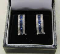 Pair of 18ct white gold diamond and sapphire hoop earrings total weight 6 g L 17 mm