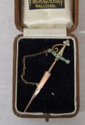 9ct gold dagger brooch with turquoise and seed pearls weight 2.5 g