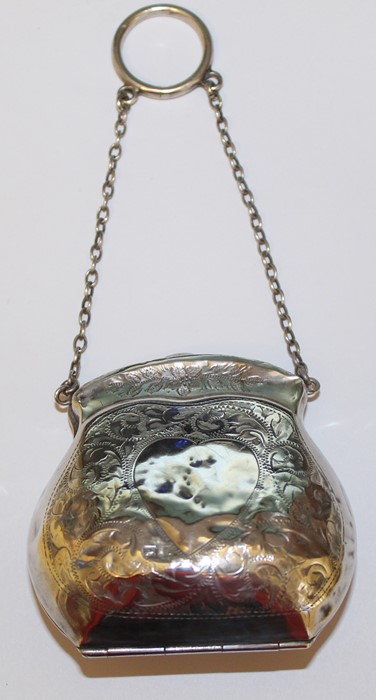 Early 20th century silver purse in the form of a bag on chain with engraved decoration & leather - Image 2 of 3