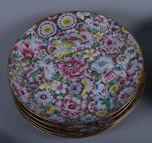 A set of six Chinese "millefiori" decorated plates, 9 1/2" dia, a larger similar plate and a pair of - Image 4 of 7