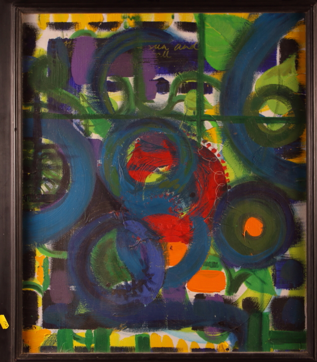 Late 20th century British School: oil on canvas, abstract of circles and graffiti, 23" x 20",