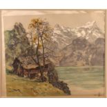 A colour print on silk, landscape with mountains and lake, a signed screen print, harbour scene, and