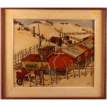 Lesley, c1950: oil on board, North African? township on sand dunes, 15" x 18", in painted frame