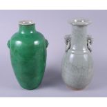 A Chinese pottery monochrome crackle glaze vase and a celadon two-ring handled baluster vase