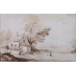 Charlotte Vawser: watercolour monochrome sketch, cottage with figures, 4 1/4" x 7", in gilt strip