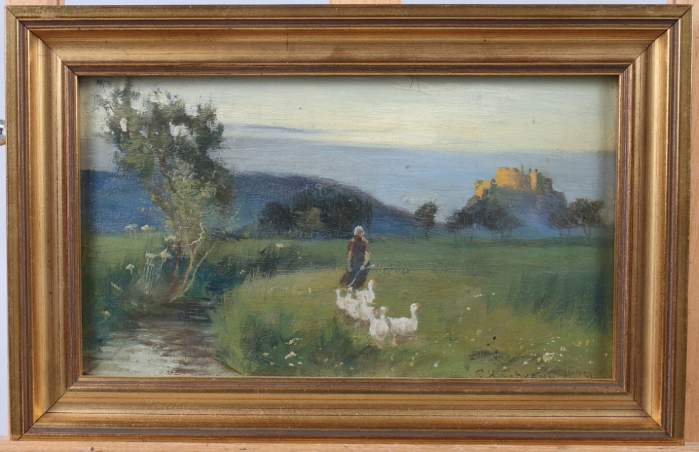 R H Harmann, 1889, oil on board, goose girl with distant castle, 4 1/2" x 8", in gilt frame - Bild 2 aus 3