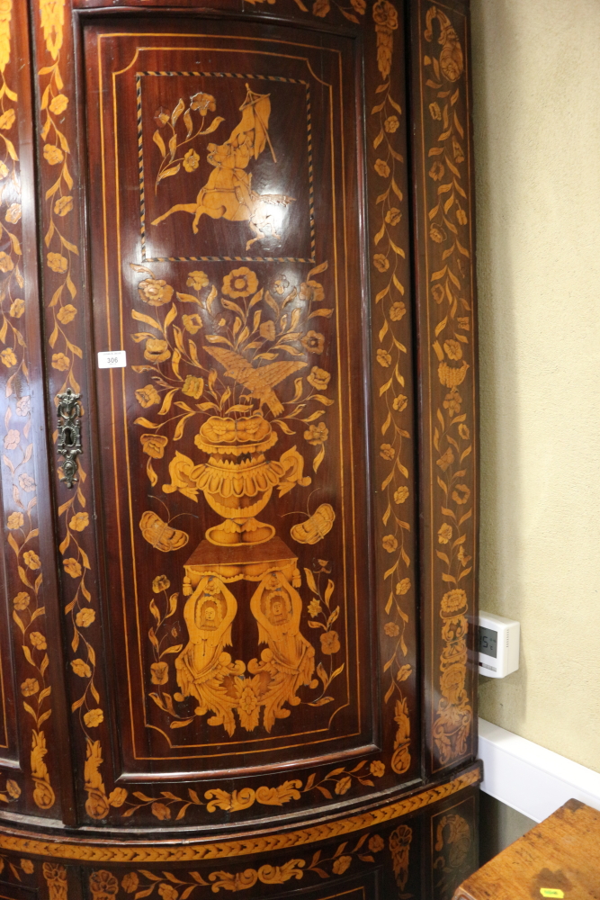 A Dutch marquetry bowfront corner cupboard with classical figures, vases of flowers, enclosed four - Bild 3 aus 6