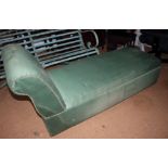 A scroll end box ottoman, upholstered in a green "satin"