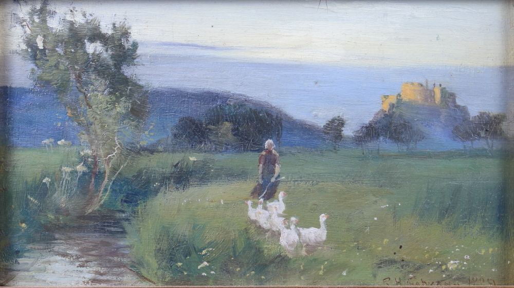 R H Harmann, 1889, oil on board, goose girl with distant castle, 4 1/2" x 8", in gilt frame