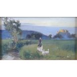 R H Harmann, 1889, oil on board, goose girl with distant castle, 4 1/2" x 8", in gilt frame