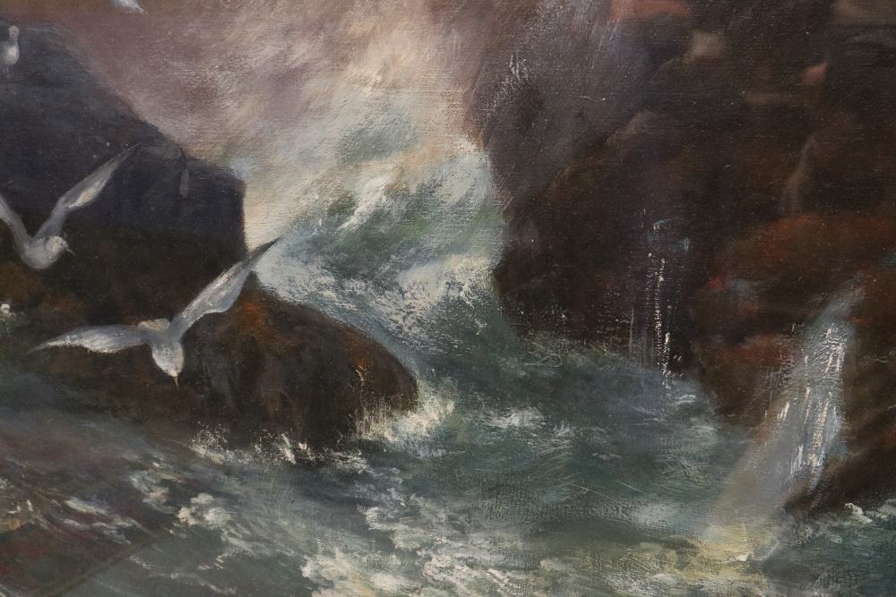 British 19th century School: oil on canvas, waves crashing against a cliff with a man collecting - Bild 2 aus 3