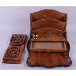 A walnut stationery stand and inkwell, a folding book stand and a serpentine tray