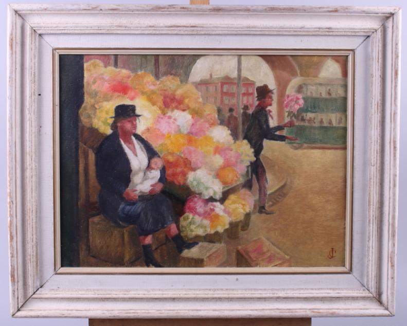 J C (Clifford?), oil on canvas, flower sellers, 11 1/2" x 15 1/2", in painted frame