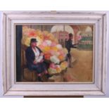 J C (Clifford?), oil on canvas, flower sellers, 11 1/2" x 15 1/2", in painted frame