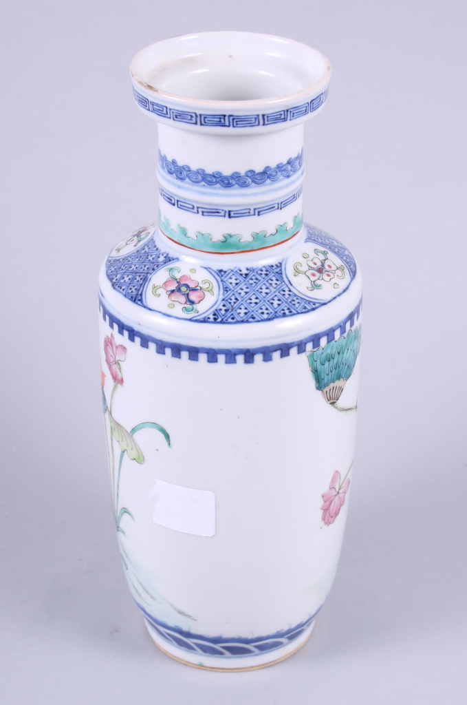 A Chinese porcelain vase, decorated with mandarin ducks on a pond and Greek key border to rim, six - Image 2 of 9