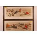 A set of twelve French hand-coloured humorous dog prints, in oak strip frames, and a number of other