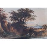 John Varley?: watercolour sketch, figures fishing in a pond with distant city, 4" x 5", in wash