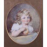 English mid 19th century School: watercolours of a young child with an apple, 7" x 5 1/2", in oval