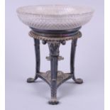 A 19th century cut glass table centre, on plated stand, 8" dia (rim chipped)