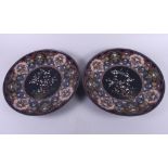 A pair of Japanese cloisonne chargers with bird and tree centres, 14" dia (damages to one)