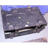 A WWII ammunition box, a 1942 ammunition box with leather cover, two first aid boxes and a