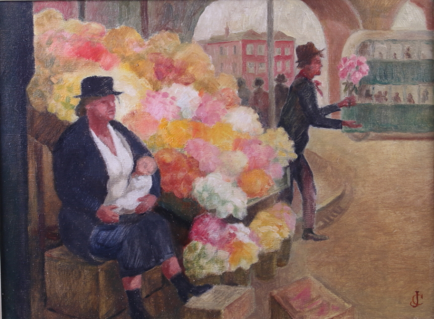 J C (Clifford?), oil on canvas, flower sellers, 11 1/2" x 15 1/2", in painted frame - Bild 2 aus 6