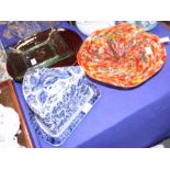 A blue and white cheese dish and cover, and three modern glass dishes/stands,