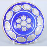 A Continental blue and white overlaid cut glass and gilt decorated ice plate, 6 1/2" dia