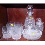 A Waterford cut crystal decanter and stopper, a set of six cut glass whisky tumblers and various