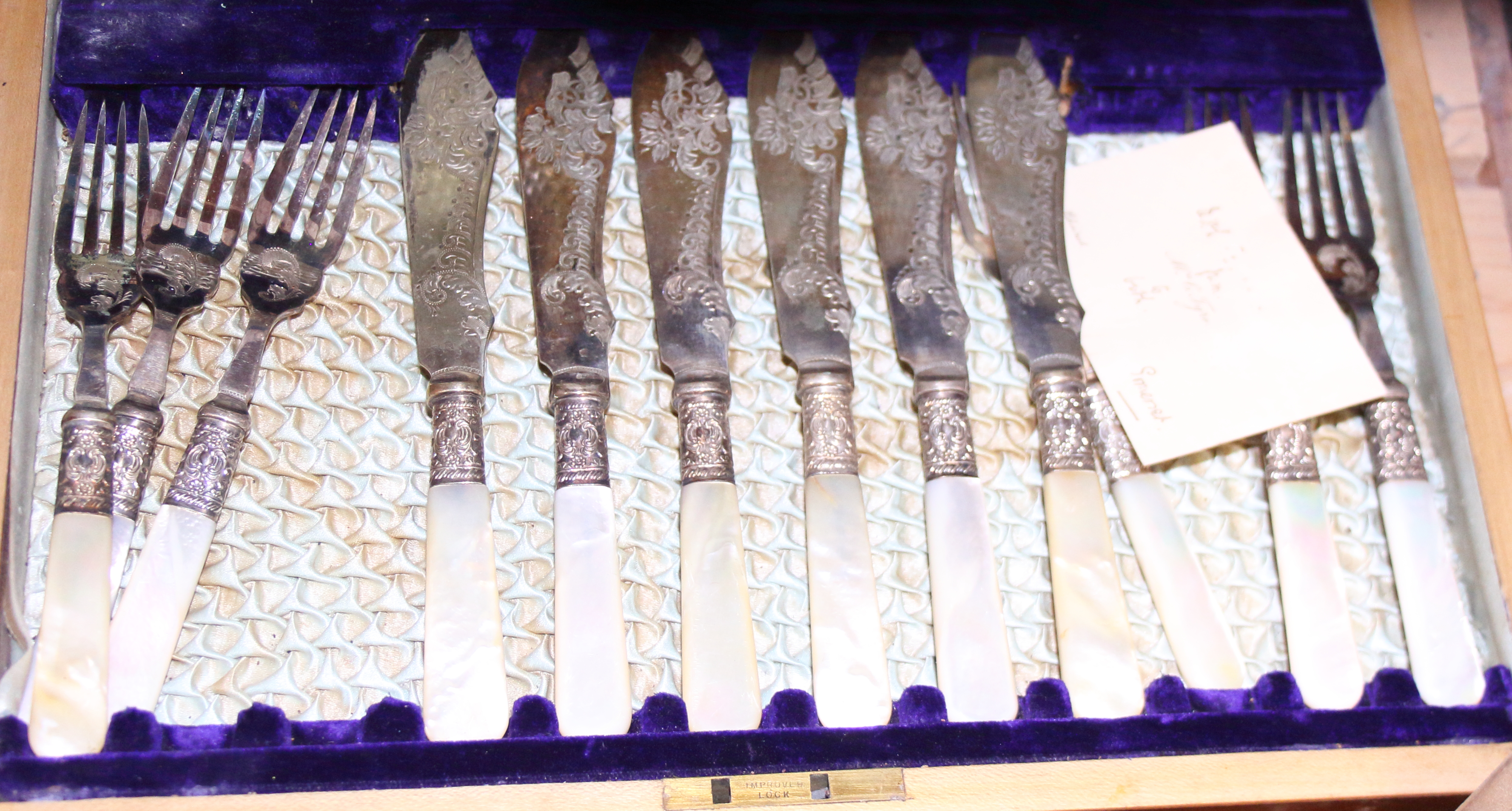 A mahogany canteen of mother-of-pearl handled silver plated fish knives and forks and other plate - Image 3 of 3