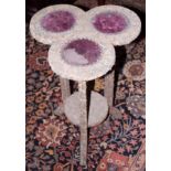 A fabric covered trefoil top two-tier occasional table, 15" wide, a three legged stool, on turned