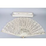 A J Duvelleroy early 20th century cream lace fan with bone sticks and bone guards, 14" long, in