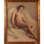 Mid 20th century British School: oil on board, nude woman reclining, unsigned, 21" x 16", in a