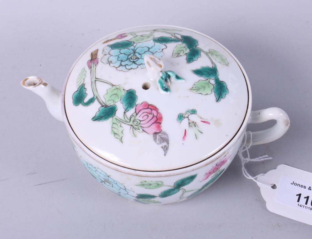 A Chinese famille rose porcelain teapot, enamelled with flower decoration, seal mark to base, and - Image 2 of 11