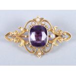 A 15ct gold amethyst and seed pearl brooch, 3.6g gross (one pearl missing)