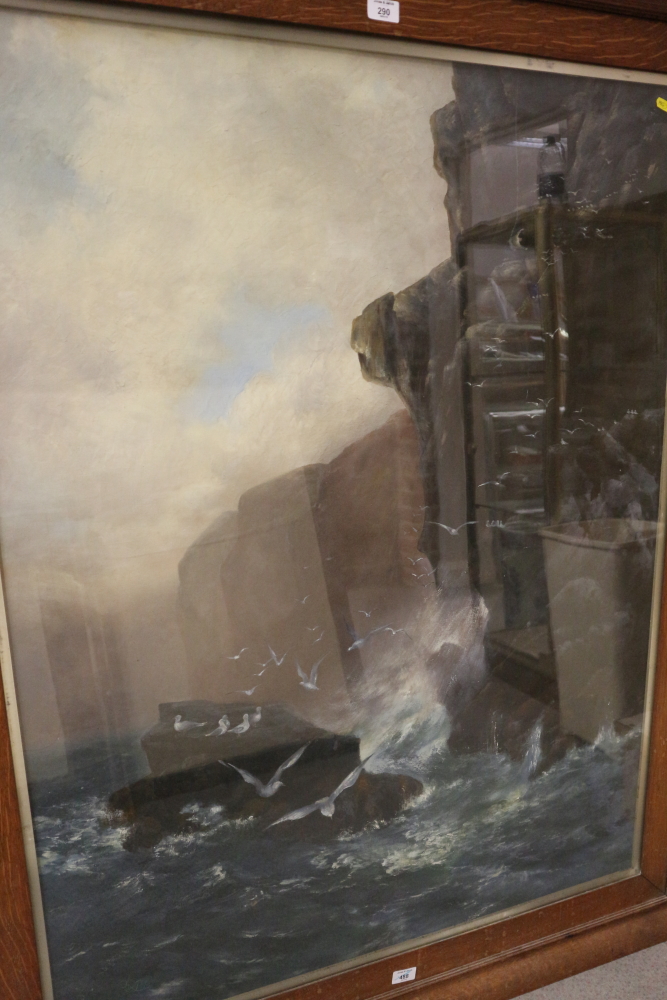 British 19th century School: oil on canvas, waves crashing against a cliff with a man collecting