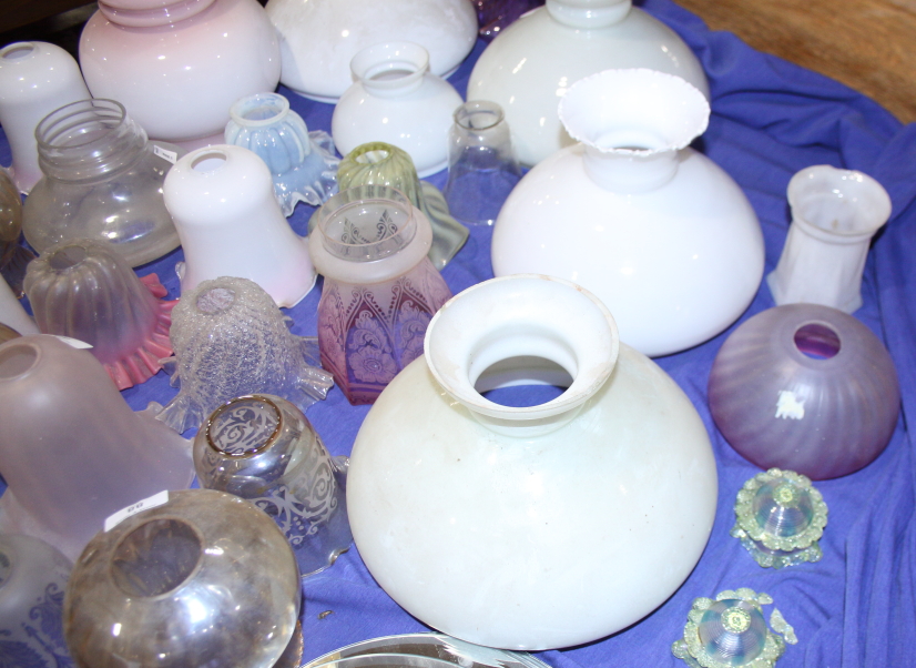 A collection of lustre, coloured, vaseline and other glass oil lamp and light shades - Image 5 of 6