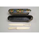 A late 19th century papier-mache Kashmir pen box, with painted bird & floral decoration, 9 1/2" long