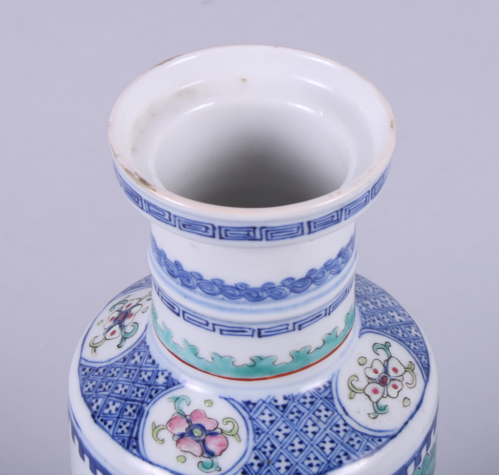 A Chinese porcelain vase, decorated with mandarin ducks on a pond and Greek key border to rim, six - Image 3 of 9