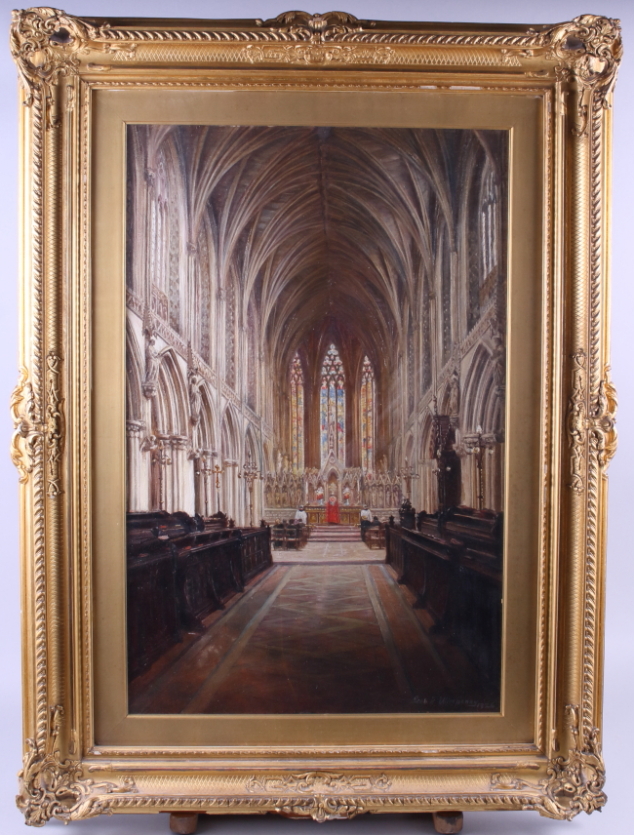 George H Wimpenny, 1924: oil on canvas, view of Lichfield Cathedral interior, 23 1/2" x 15", in deep