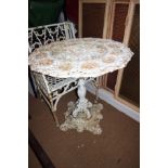 A 19th century cast iron openwork circular table, on central column and quadraform base, 32" dia