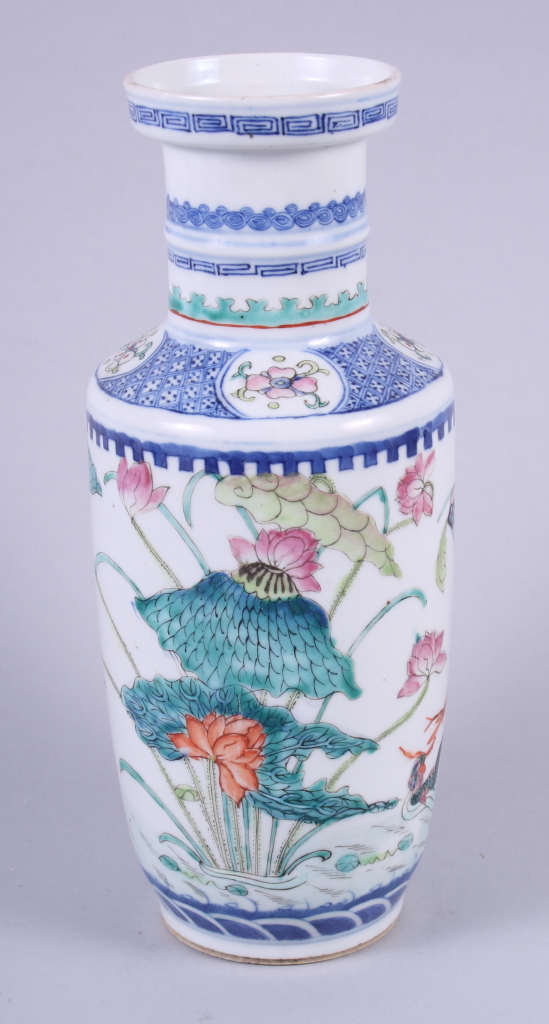 A Chinese porcelain vase, decorated with mandarin ducks on a pond and Greek key border to rim, six