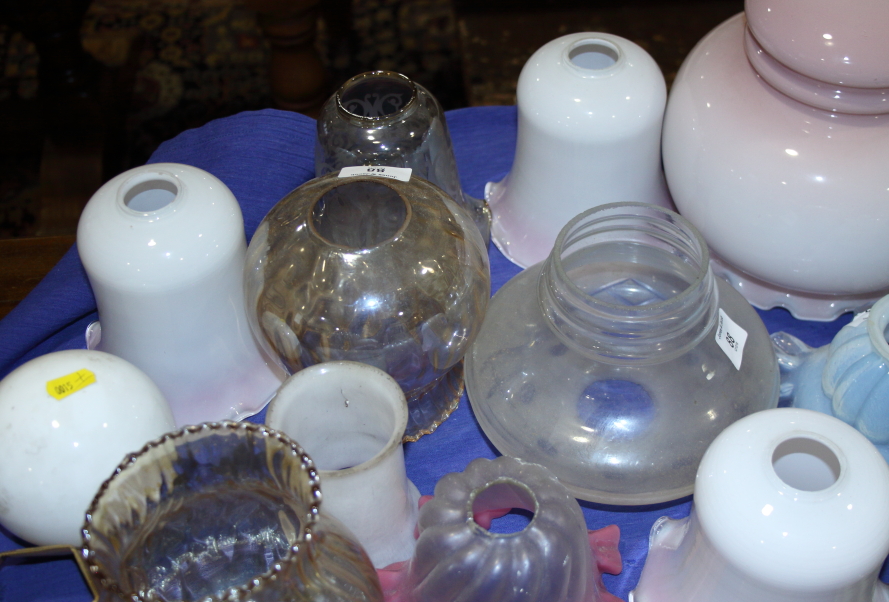 A collection of lustre, coloured, vaseline and other glass oil lamp and light shades - Image 2 of 6