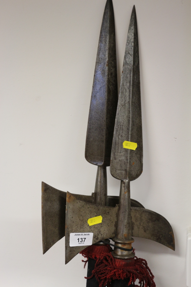 Two reproduction Halberd spears with wooden handles