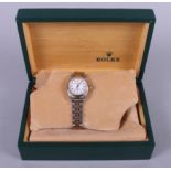 A lady's stainless steel and 18ct gold Rolex Oyster Perpetual wristwatch with white enamel dial