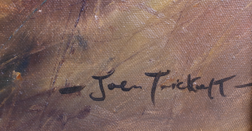 Joe Trickult: an oil on canvas, spaniel in landscape, 23 1/2" x 29", in polished as burr walnut - Image 2 of 2